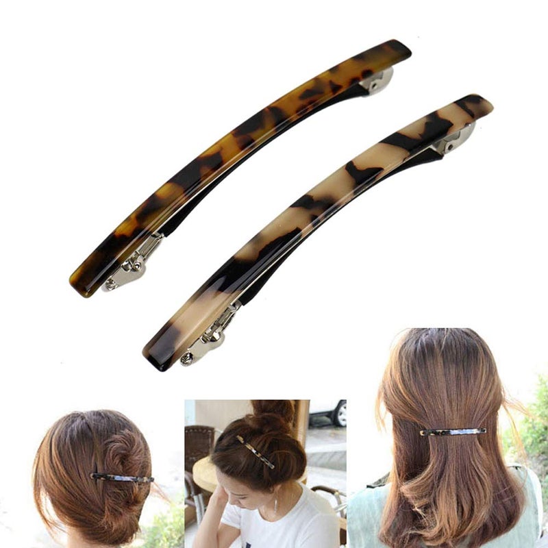 DonLeeving Luckycivia 2 Pack Hair Barrette, Long and Thin Handmade Celluloid Onyx Hair Clip, Elegant Automatic Hair Clip, Barrette Ponytail Holders for Women/Girls - 4 Inches - Image 1